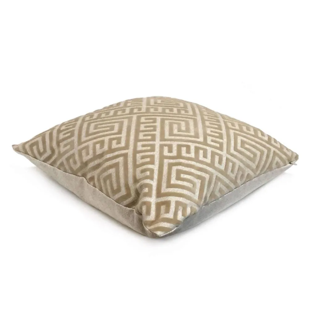 Thebes Greek Key Tan Beige Flocked Velvet Pillow Cover