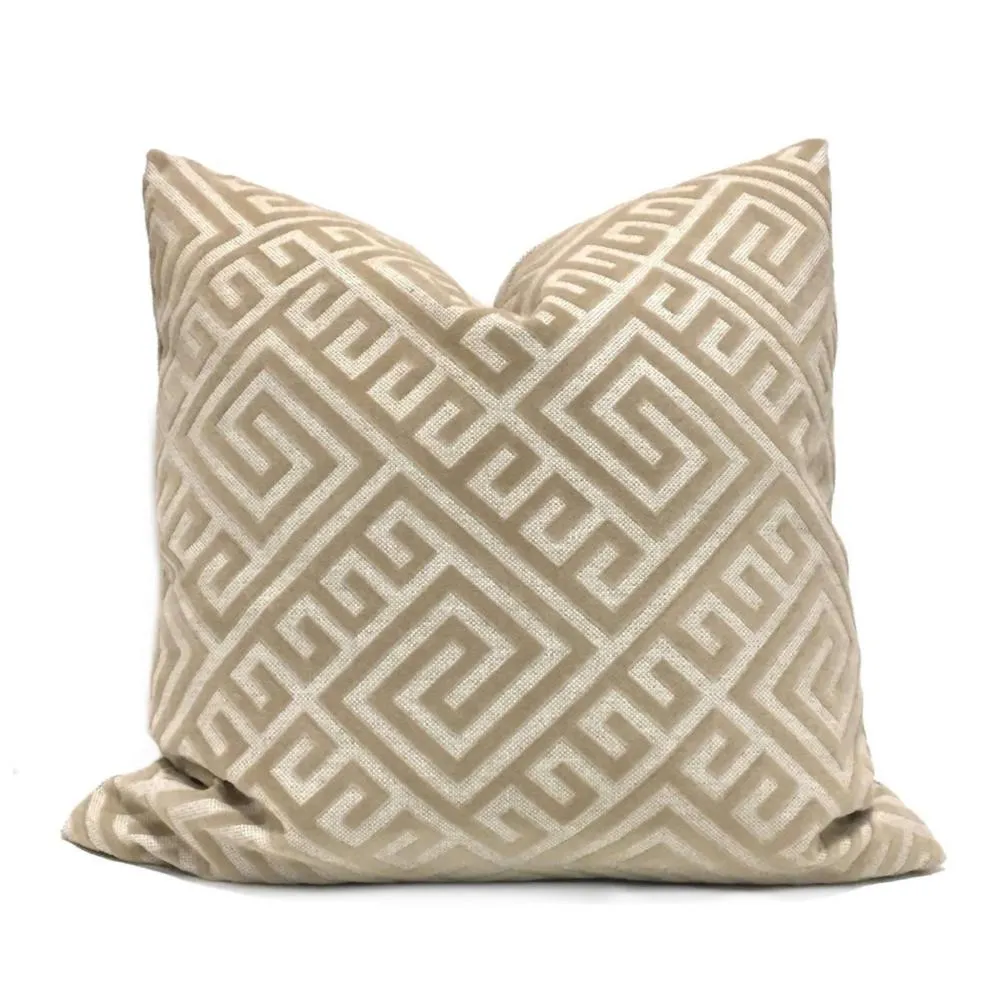 Thebes Greek Key Tan Beige Flocked Velvet Pillow Cover