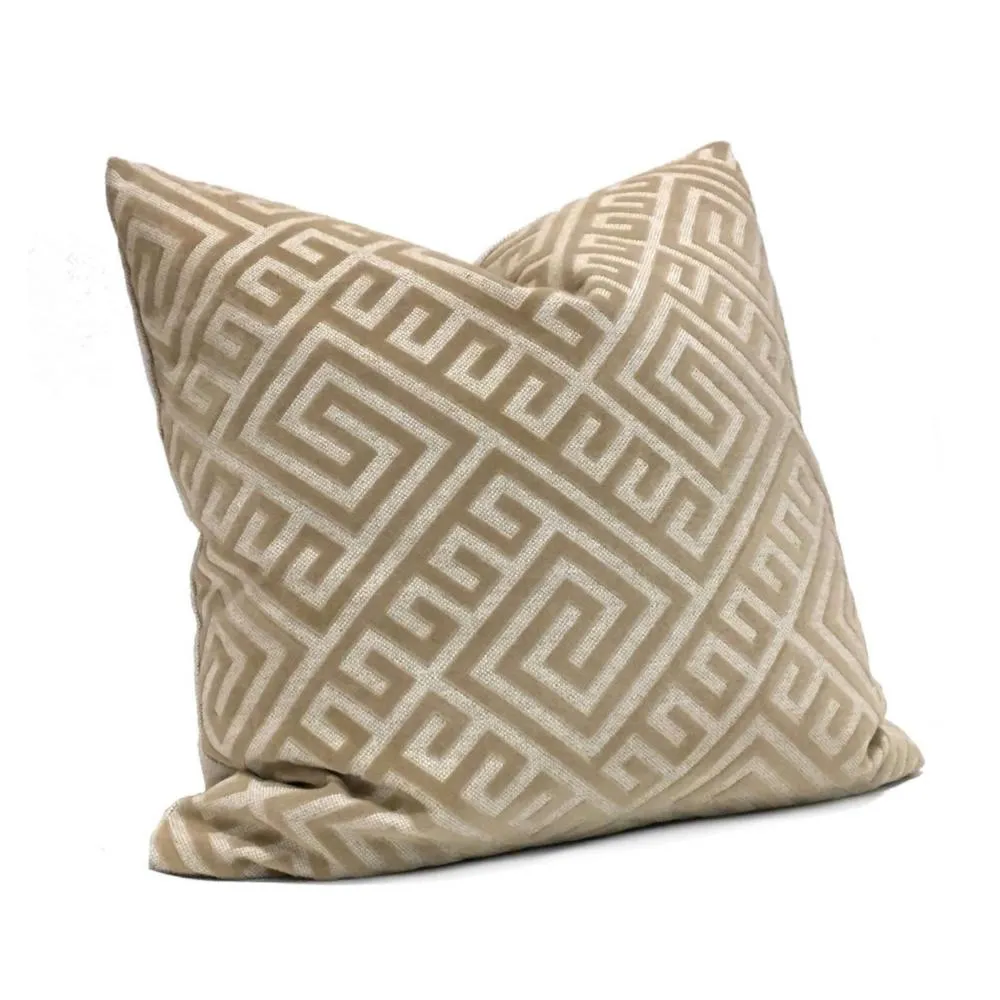 Thebes Greek Key Tan Beige Flocked Velvet Pillow Cover