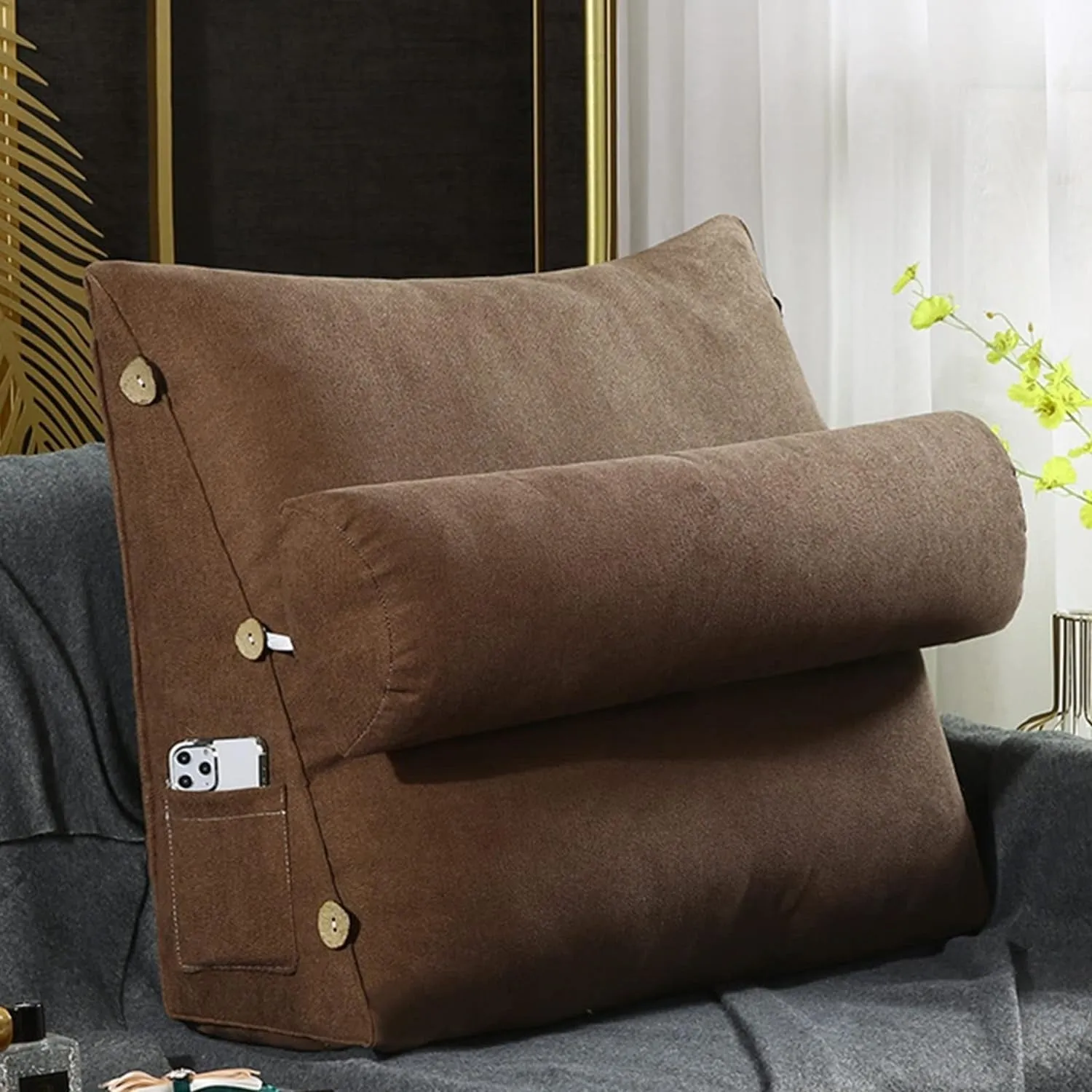 Velvet Triangular Back Rest Pillow /  Back Wedge Cushion (Coffee)