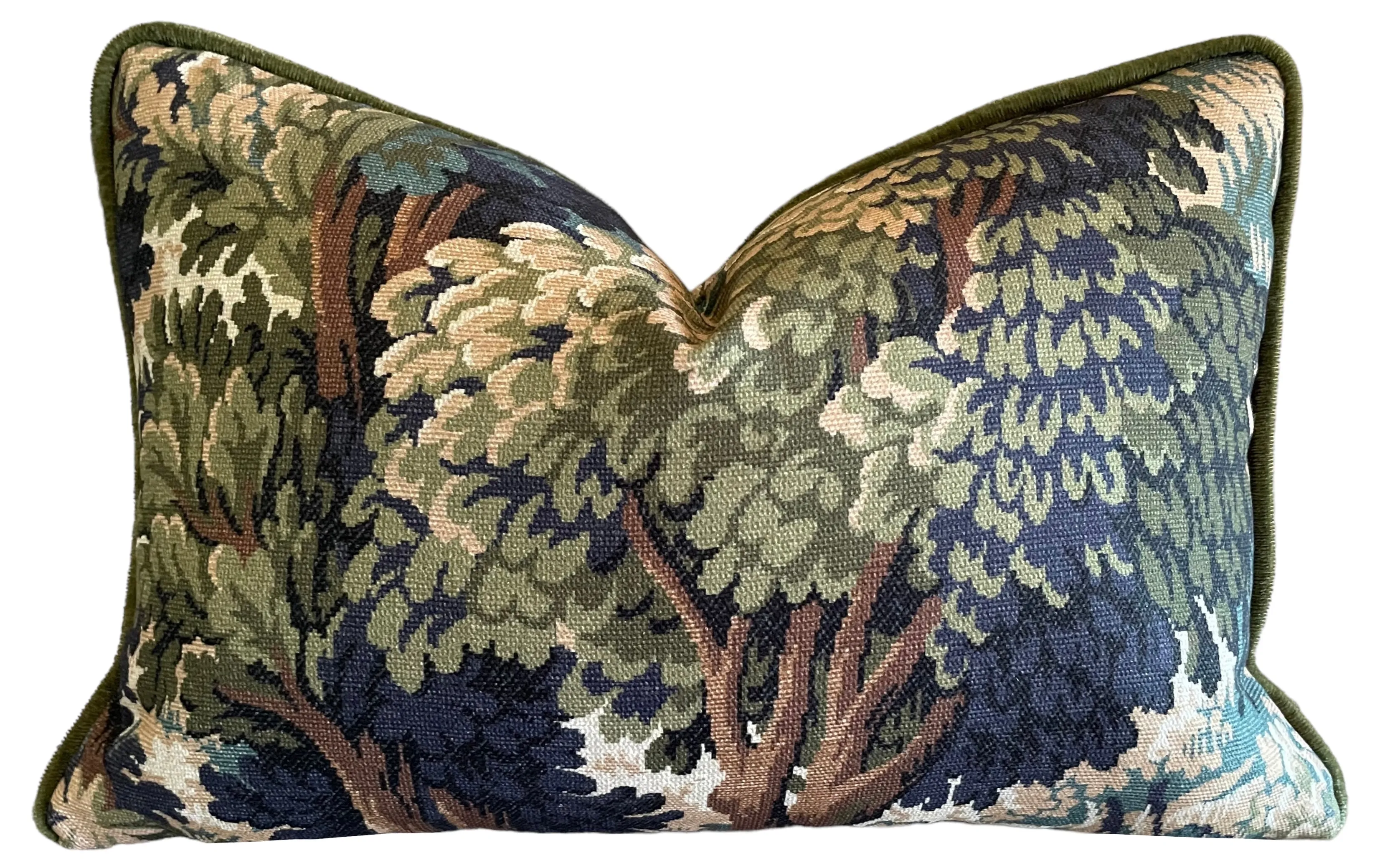 Verdure Tapestry Forest Pillow Cover with Optional Swiss Velvet Piping in Gold or Olive Green