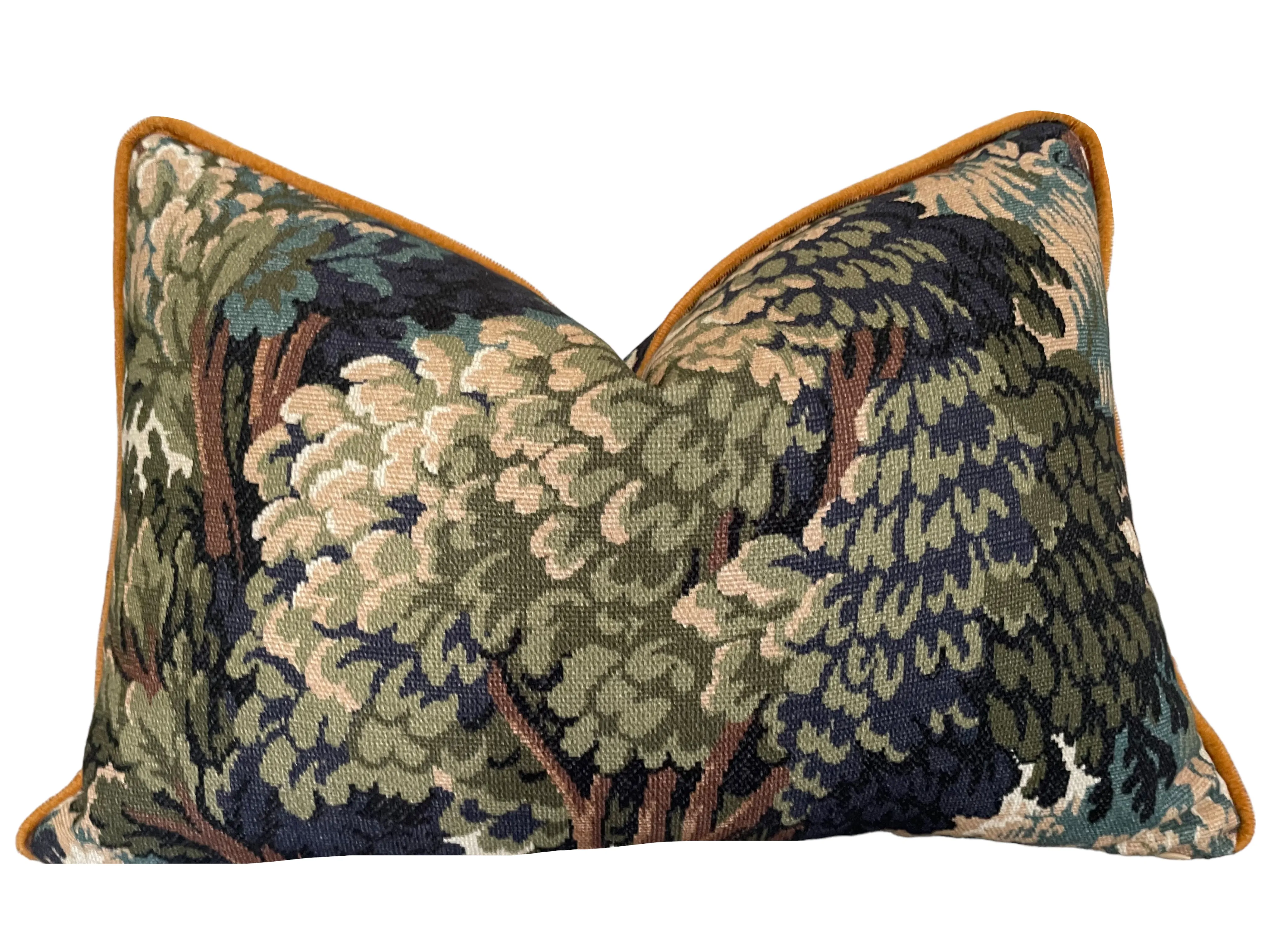 Verdure Tapestry Forest Pillow Cover with Optional Swiss Velvet Piping in Gold or Olive Green