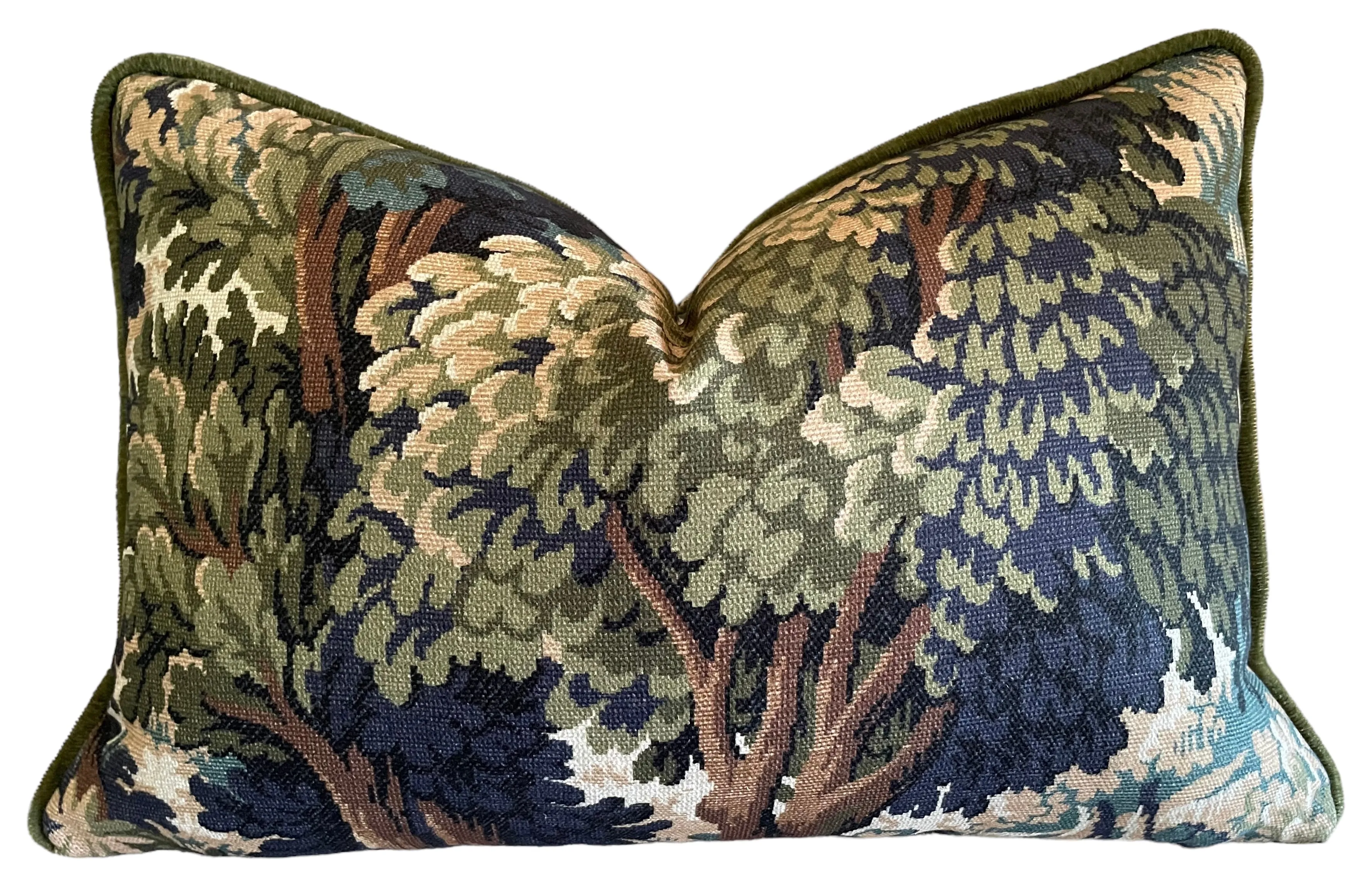 Verdure Tapestry Forest Pillow Cover with Optional Swiss Velvet Piping in Gold or Olive Green