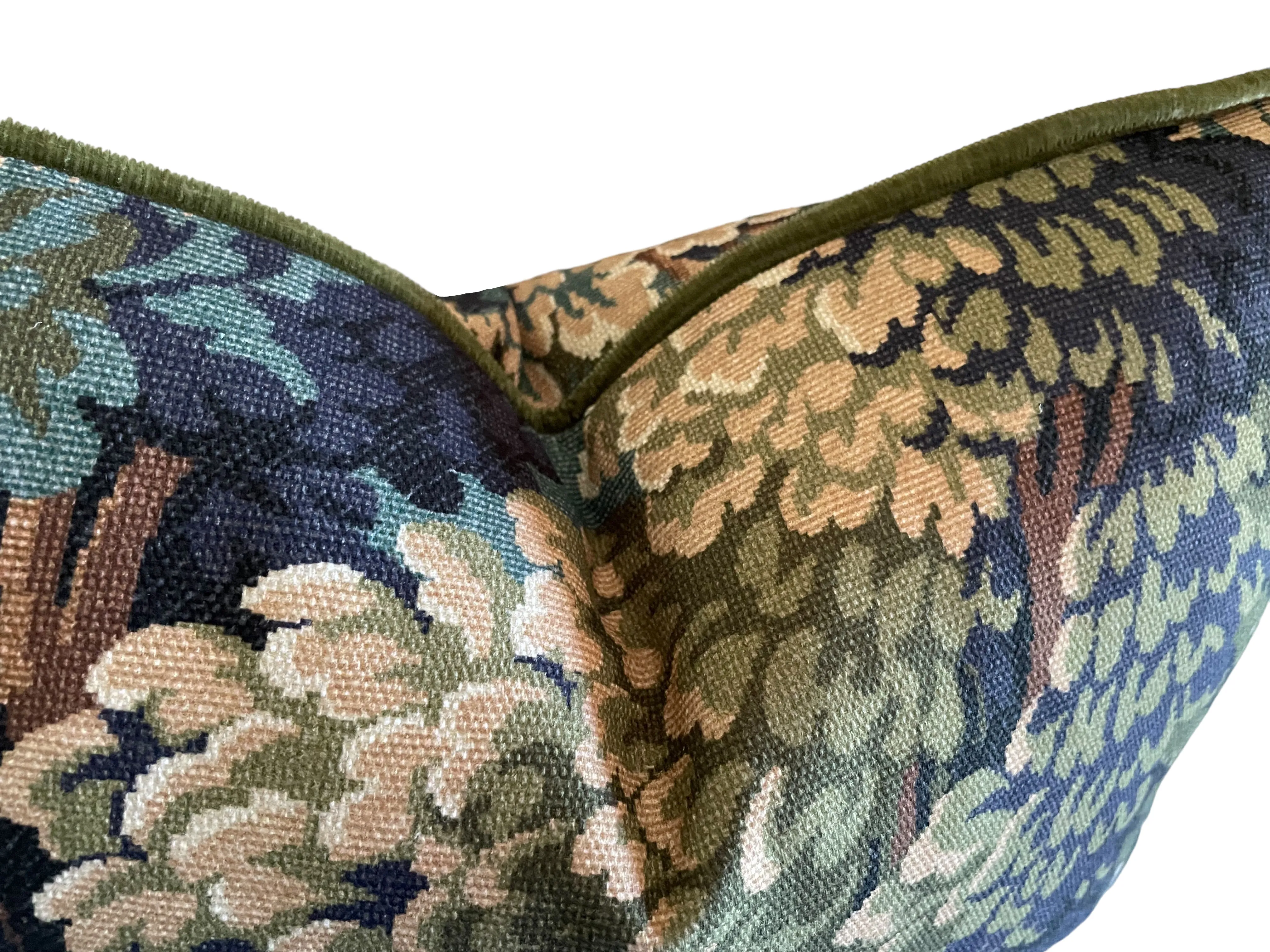 Verdure Tapestry Forest Pillow Cover with Optional Swiss Velvet Piping in Gold or Olive Green