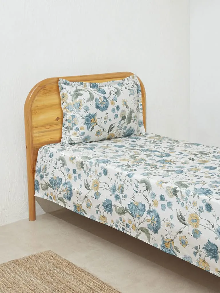 Westside Home Aqua Floral Print Single Bed Flat Sheet and Pillowcase Set