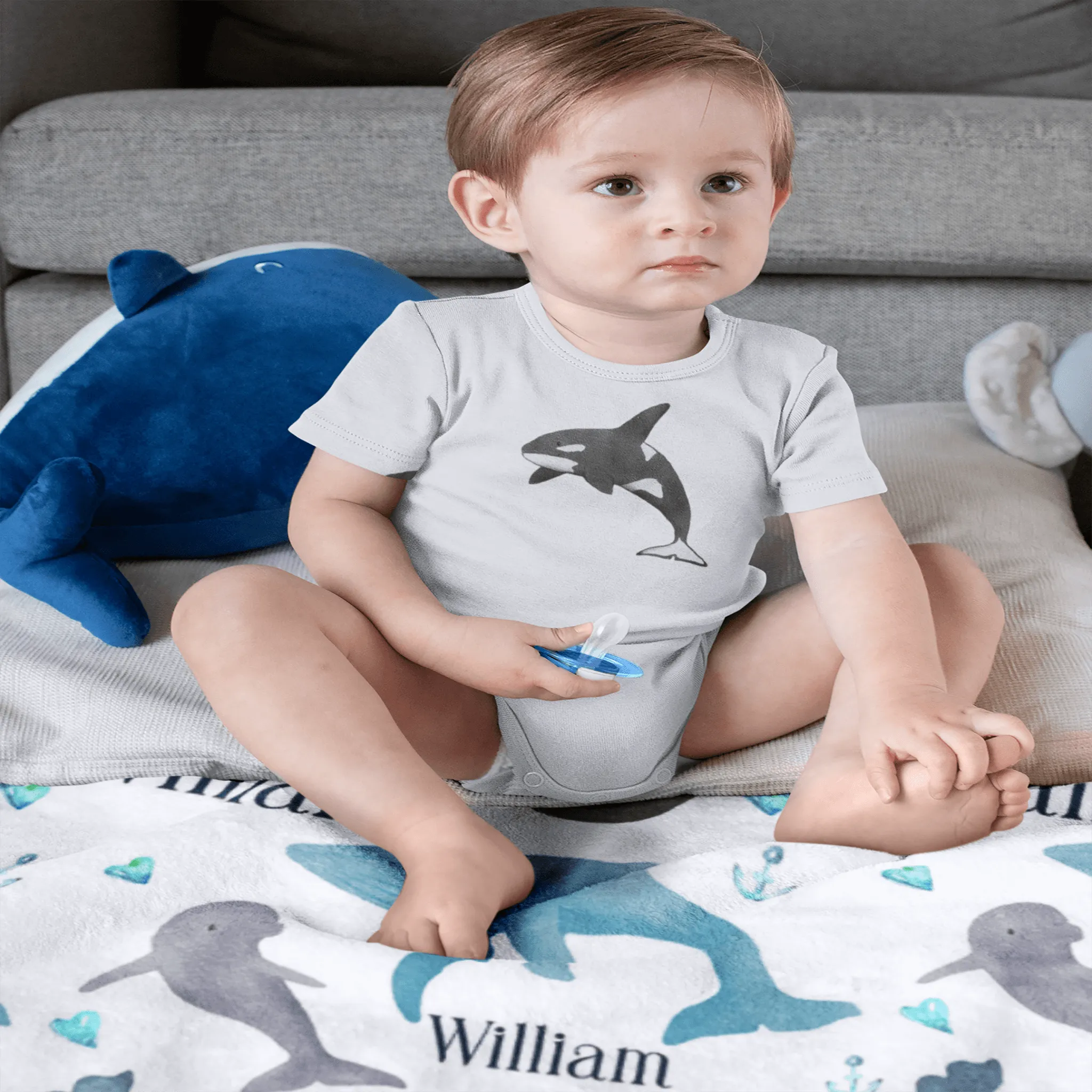 Whale Print Personalized Minky Blanket (Luxe Minky)