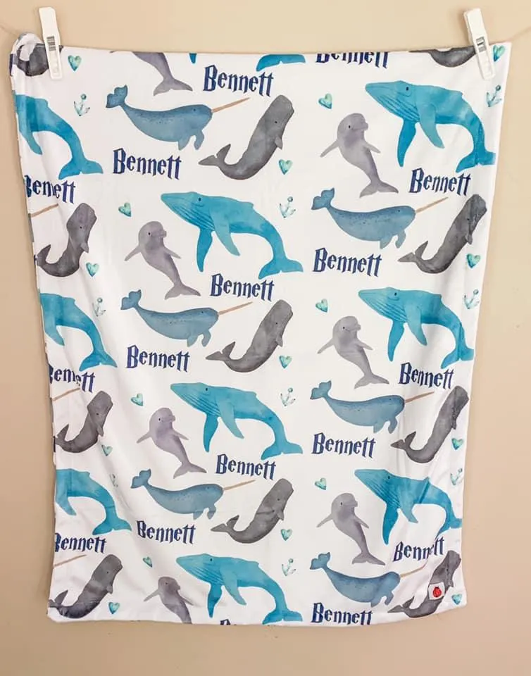 Whale Print Personalized Minky Blanket (Luxe Minky)