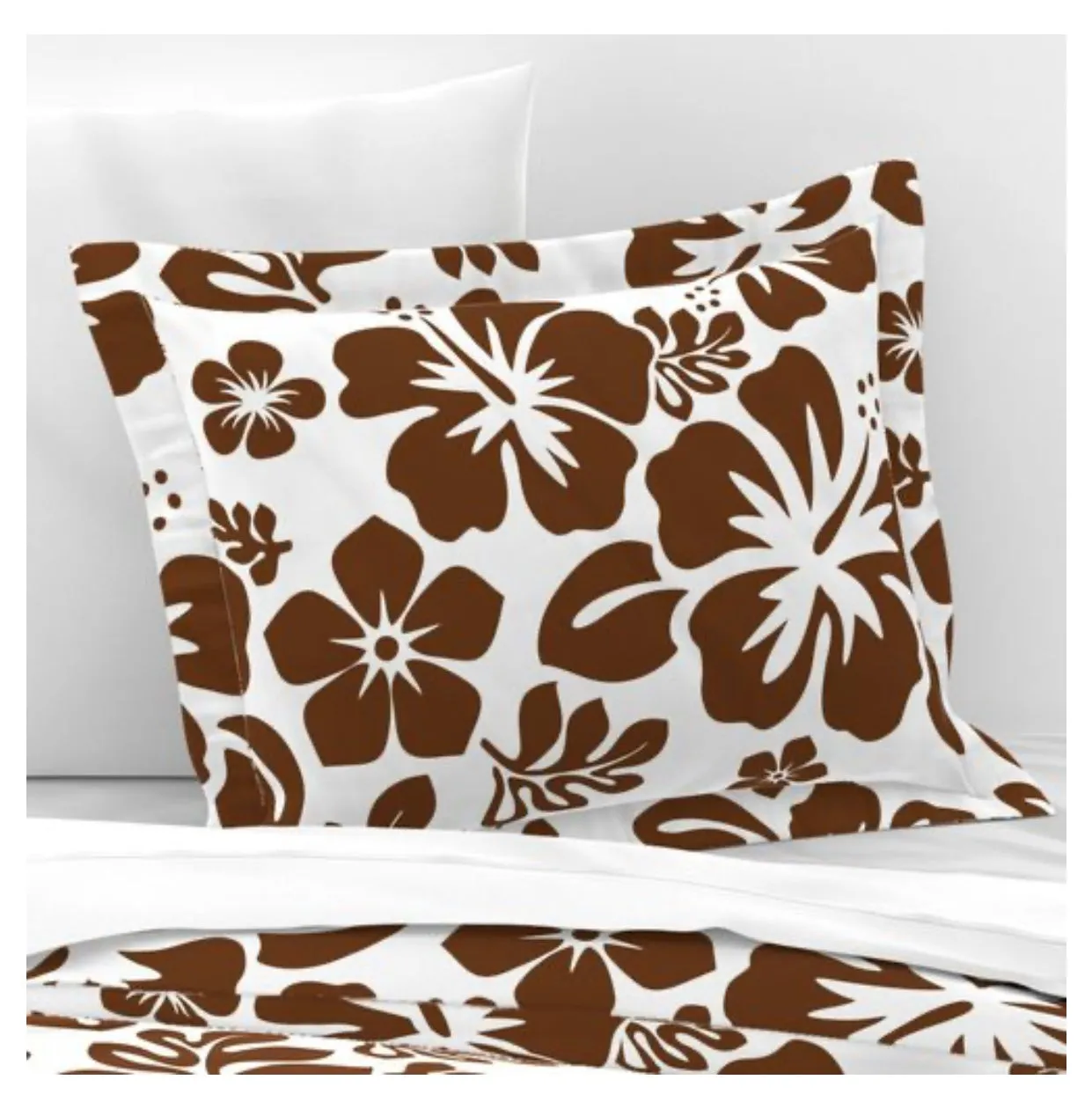 White and Brown Hawaiian Hibiscus Flowers Pillow Sham