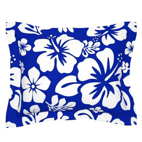 White Hawaiian Hibiscus Flowers on Royal Blue Pillow Sham